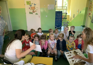 Dzieci siedzą na ławeczkach i słuchają o pszczołach.