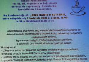 Plakat informujący o konferencji pt."Przy kawie o autyzmie".