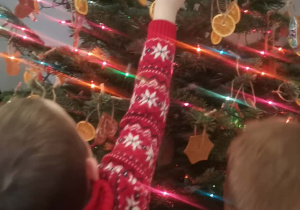 Dzieci ubierają choinkę w piernikowe ozdoby w szatni przedszkola.