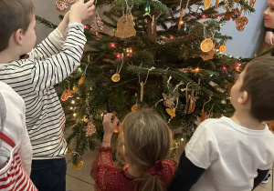 Dzieci ubierają choinkę w piernikowe ozdoby w szatni przedszkola.