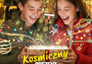 Plakat informujący o kosmicznym prezencie dla Młodych Łodzian.