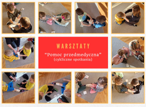 Plakat informujący warsztatach z pomocy przedmedycznej.