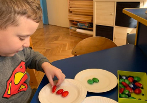 Gr. 1. Chłopiec układa kolorowe kamyczki na papierowych talerzykach.