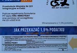 Informacja o sposobie przekazania 1,5% podatku dla PM 221 w Łodzi.
