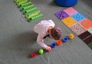 Chłopiec układa kolorowe piłeczki w kolorowe kubeczki.