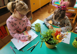 Dwie dziewczynki z grupy Biedronki siedzą przy stolikach i rysują.