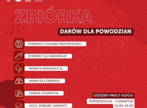 Plakat informujący o zbiórce darów dla Powodzian.