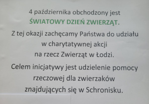 Plakat informujący o pomocy dla Zwierząt.