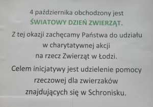 Plakat informujący o pomocy dla Zwierząt.