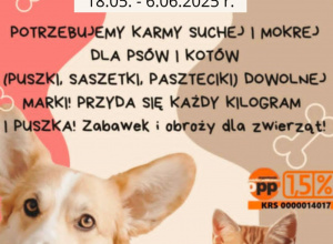 Plakat informujący o zbiórce karmy dla zwierząt.