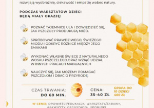 Plakat informujący o warsztatach pszczelarskich.