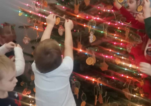 Dzieci ubierają choinkę w piernikowe ozdoby w szatni przedszkola.