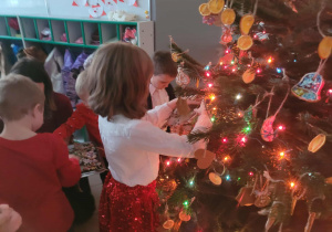Dzieci ubierają choinkę w piernikowe ozdoby w szatni przedszkola.