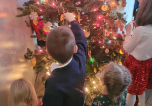 Dzieci ubierają choinkę w piernikowe ozdoby w szatni przedszkola.