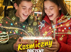 Plakat informujący o kosmicznym prezencie dla Młodych Łodzian.