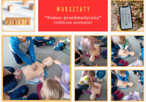Kolaż zdjęć dzieci uczestniczących w warsztatach pomocy przedmedycznej.