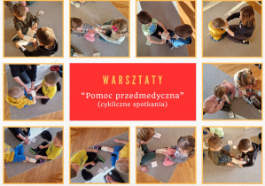 Kolaż zdjęć dzieci uczestniczących w warsztatach pomocy przedmedycznej.