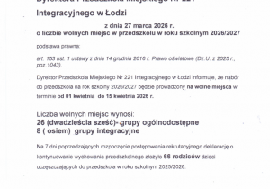 Komunikat Nr 1/2026 Dyrektora Przedszkola Miejskiego Nr 221 Integracyjnego w Łodzi z dnia 27 marca 2026 r. o liczbie wolnych miejsc w przedszkolu w roku szkolnym 2026/2027
