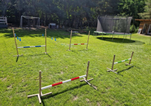 Miejsce aktywności fizycznych dla dzieci - przeszkody do przeskakiwania, trampolina.