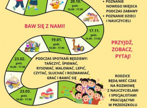 Plakat informujący o cyklicznych spotkaniach adaptacyjnych w Naszym Przedszkolu.