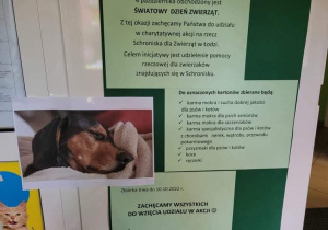 Na zdjęciu widać ogłoszenie dot. wsparcia rzeczowego na rzecz Schroniska dla Zwierząt w Łodzi.
