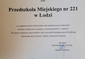 Na zdjęciu widać podziękowanie dla PM 221 w Łodzi za wsparcie dla Schroniska dla Zwierząt w Łodzi.
